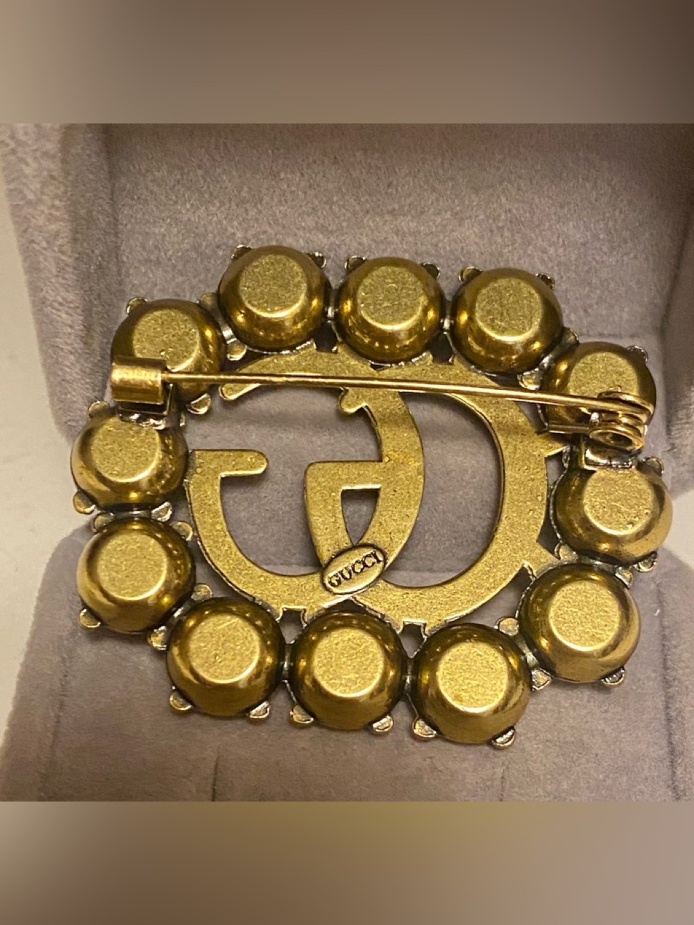 Fashion Jewelry Age Gold-Tone Double G Crystal Brooch - Gold and Clear - Picture 3 of 3
